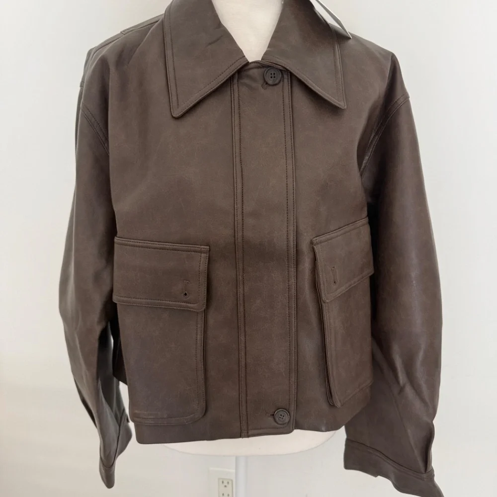 Pixie Market Brown Faux Leather Crop Bomber Patch Pocket Jacket NWT One Size - Picture 6 of 12